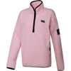Rosa Fleece-Pullover mit Stehkragen und kurzem schwarzem Reißverschluss, schwarze Kanten, kleiner rechteckiger Aufnäher auf der Brust, Aufnäher am linken Oberarm, seitliche Reißverschlusstaschen