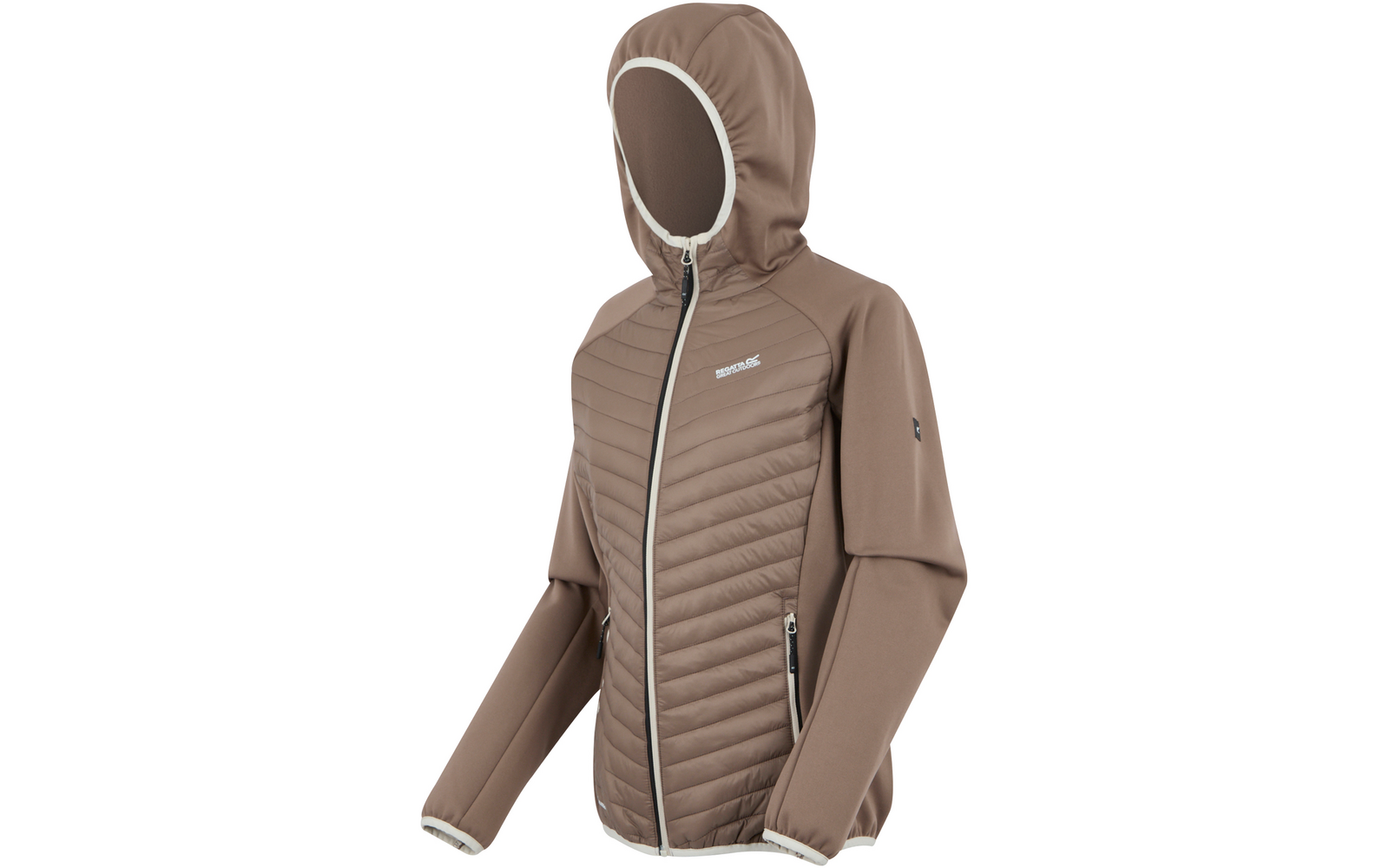 Veste à capuche marron avec fermeture éclair sur toute la longueur et devant matelassé
