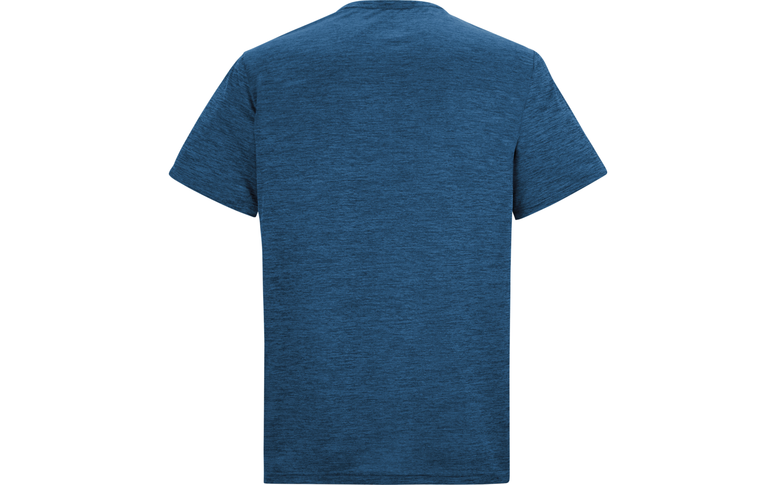 Rückenansicht eines blau melierten T‑Shirts mit kurzen Ärmeln auf weißem Hintergrund