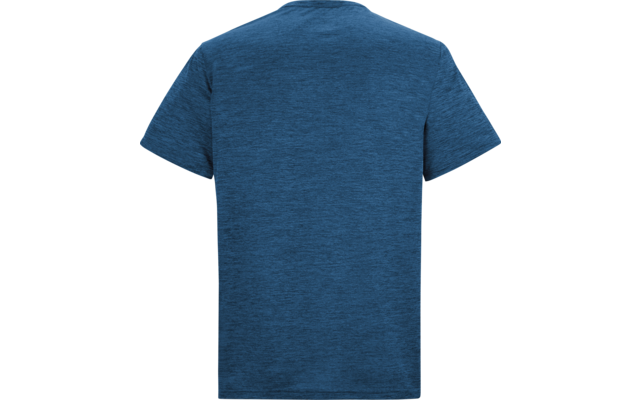 Rückenansicht eines blau melierten T‑Shirts mit kurzen Ärmeln auf weißem Hintergrund