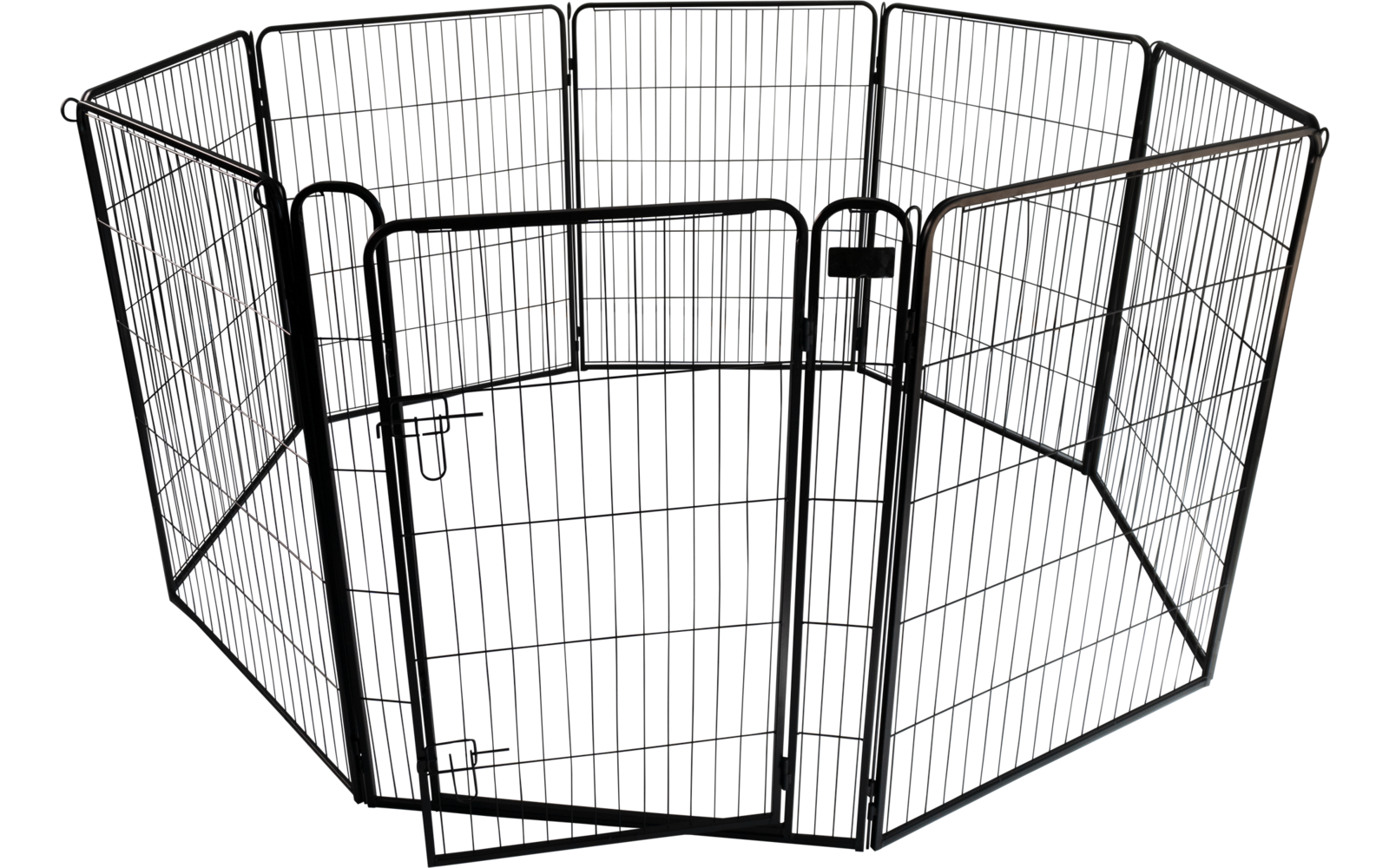 Achteckige schwarze Metallumzäunung aus Gitterpaneelen mit einer vorderen Tür