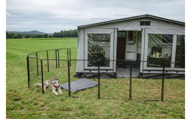 Weißes Vorzelt an einem Wohnwagen mit Fenstern auf einer Wiese; schwarzer Metallzaun umschließt einen Bereich; Hund mit rotem Geschirr liegt auf dem Gras außerhalb des Zauns; bewölkter Himmel und Hügel im Hintergrund