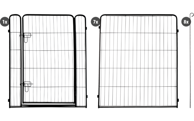 Drei Metallgitterpaneele nebeneinander: links schmales Gitter mit Scharnier und Riegel, oben '1x'; mittleres Gitter mit '7x'; rechtes, breiteres Gitter mit '8x'