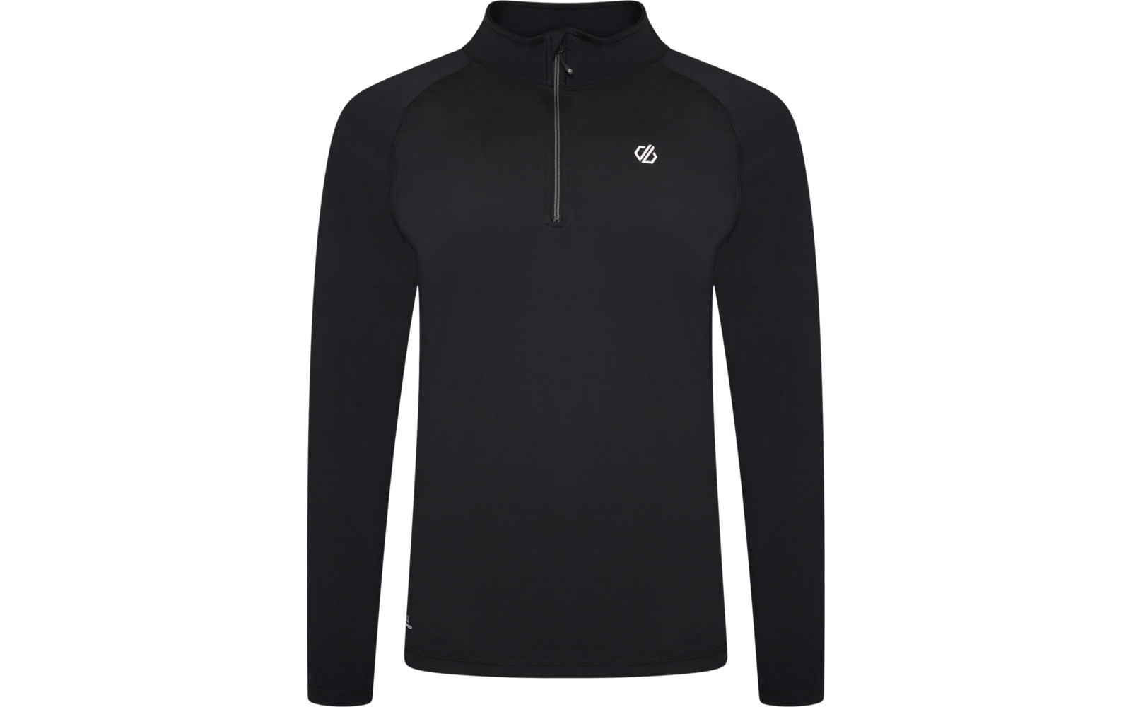 Zwart shirt met lange mouwen, korte ritssluiting aan de voorkant en een klein wit logo op de borst