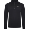 Zwart shirt met lange mouwen, korte ritssluiting aan de voorkant en een klein wit logo op de borst