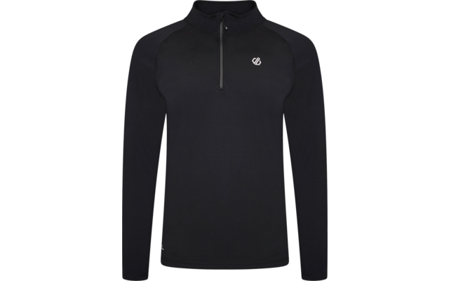 Zwart shirt met lange mouwen, korte ritssluiting aan de voorkant en een klein wit logo op de borst