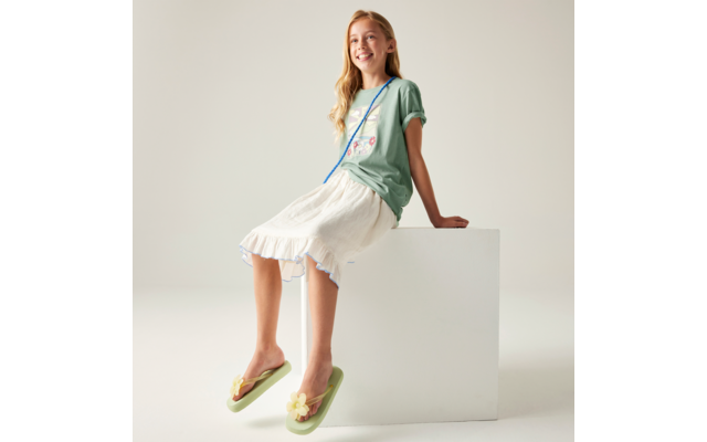 Person mit langen blonden Haaren sitzt auf einem weißen Würfel, trägt grünes T‑Shirt, weißen Rock, grüne Flip‑Flops mit gelber Blume und Umhängetasche mit blauem Riemen; heller Hintergrund