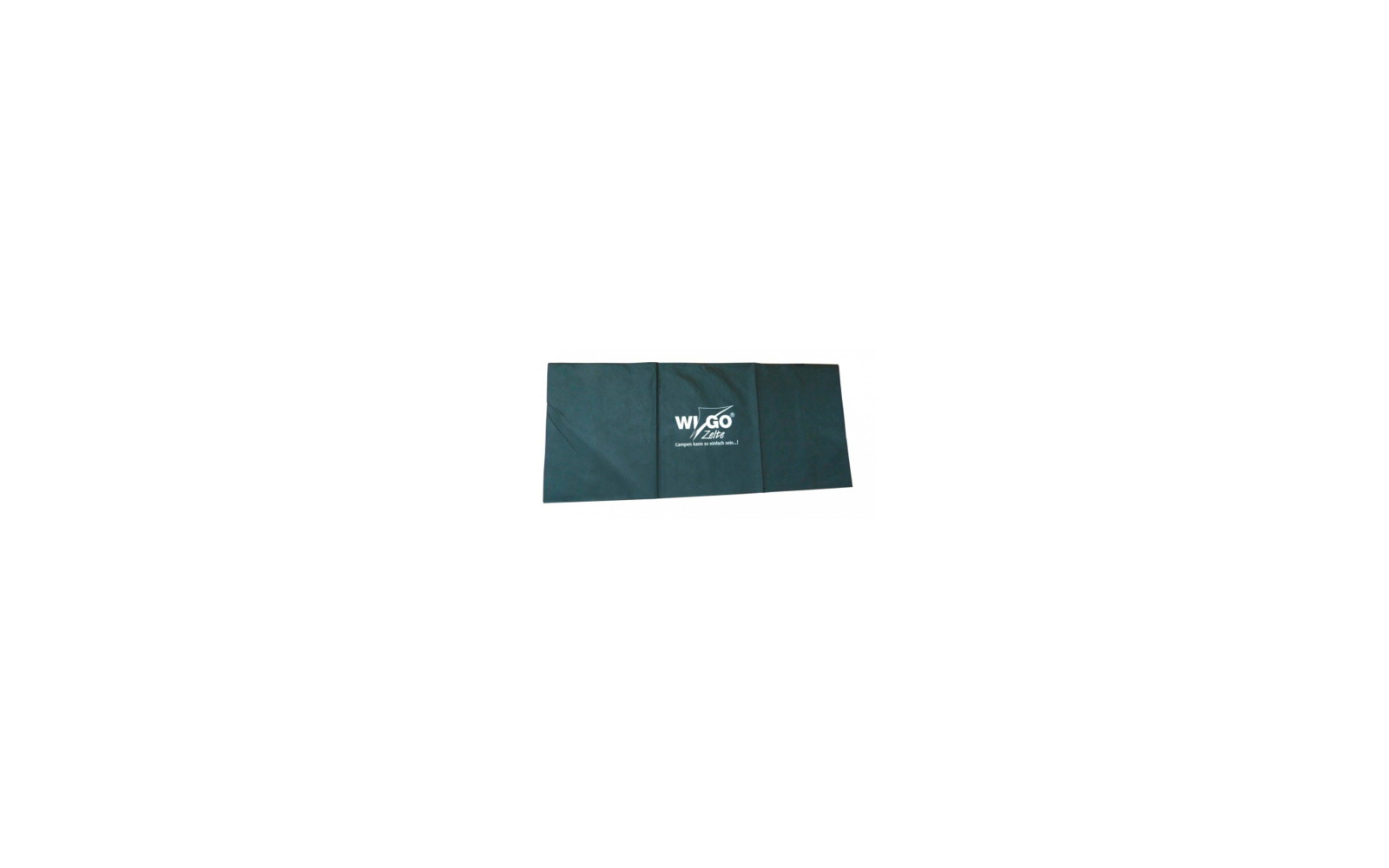 Un tissu rectangulaire noir avec le logo blanc 'WIGO Zelte' et le texte 'Campen kann so einfach sein...!'