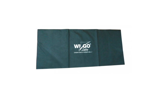 Un tissu rectangulaire noir avec le logo blanc 'WIGO Zelte' et le texte 'Campen kann so einfach sein...!'