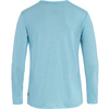 Vista trasera de una camiseta de manga larga azul claro con cuello redondo sobre fondo blanco