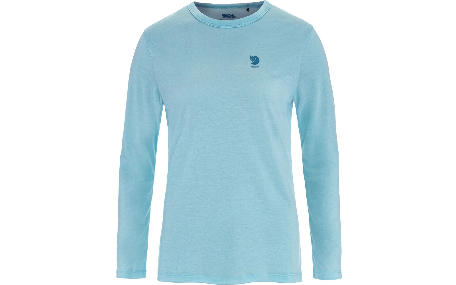 Camiseta de manga larga azul claro con cuello redondo y pequeño logo oscuro en el lado izquierdo del pecho