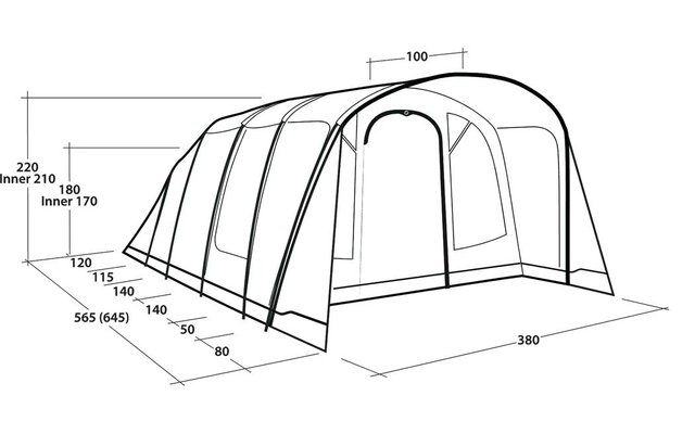Zwart-wit technische tekening van een tunneltent met meerdere gebogen stangen, een open voordeur, zijramen en maatlijnen met cijfers