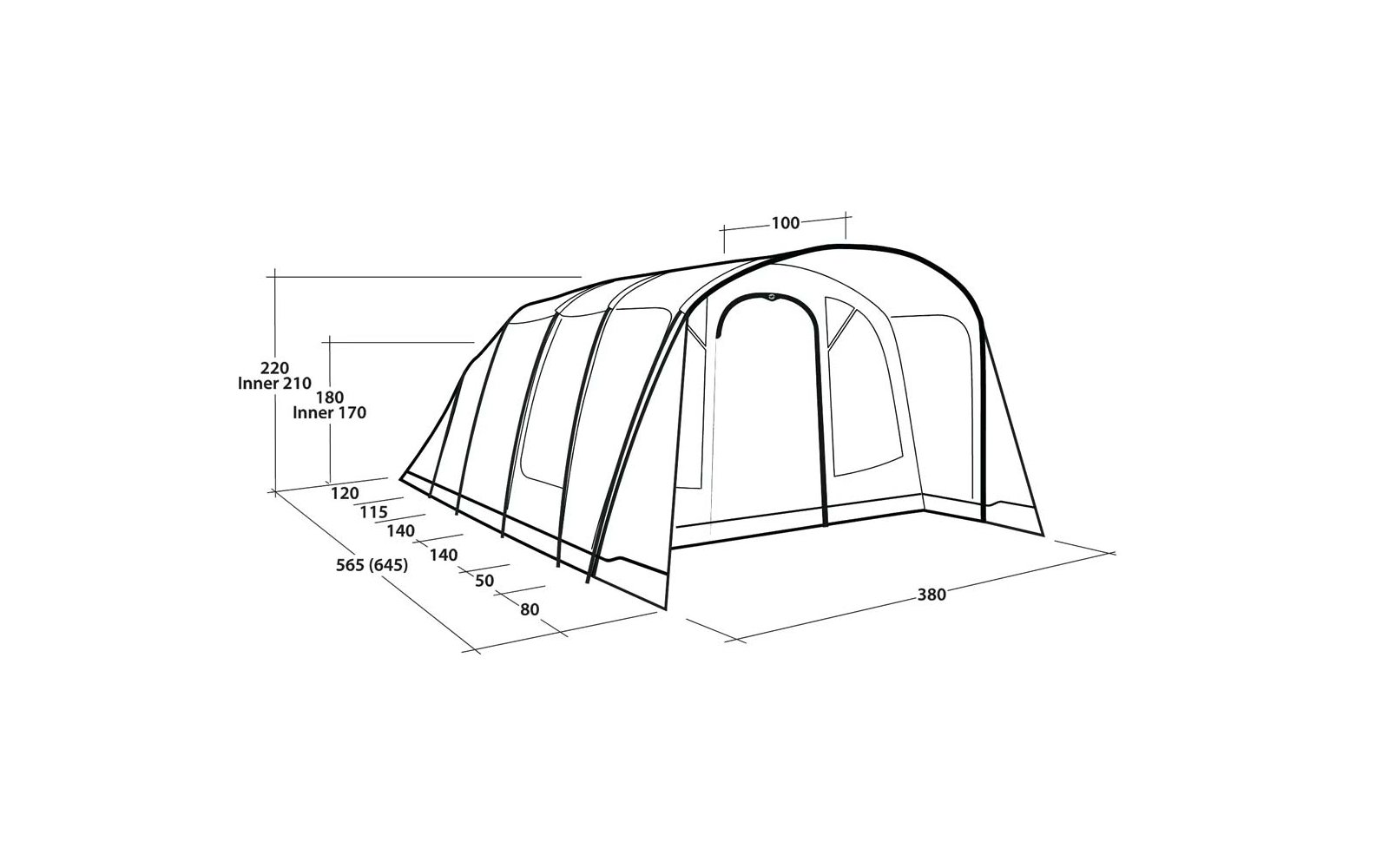 Zwart-wit technische tekening van een tunneltent met meerdere gebogen stangen, een open voordeur, zijramen en maatlijnen met cijfers