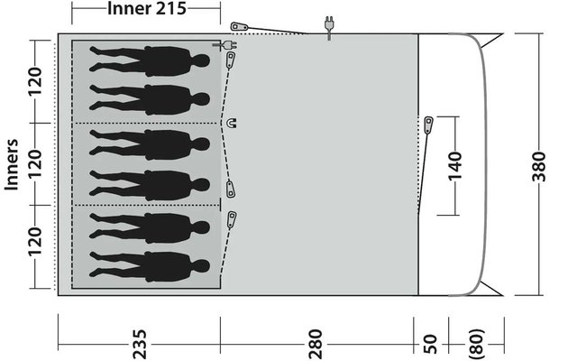 Schematisch bovenaanzicht van een rechthoek met zes zwarte persoonssilhouetten aan de linkerkant, een stippellijn als scheiding, kleine symbolen en meerdere maatlabels
