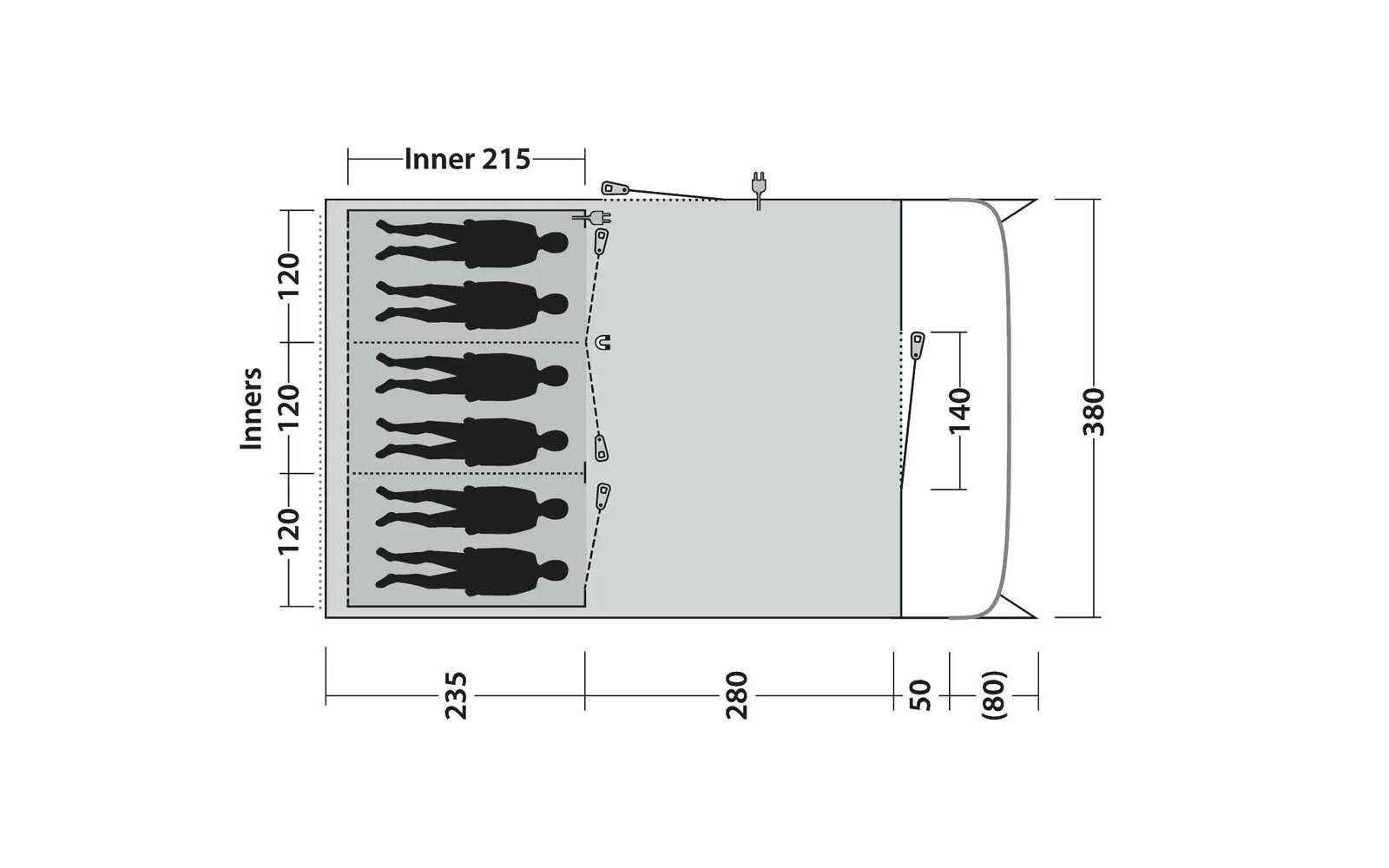 Schematisch bovenaanzicht van een rechthoek met zes zwarte persoonssilhouetten aan de linkerkant, een stippellijn als scheiding, kleine symbolen en meerdere maatlabels
