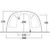 Zwart-witte technische tekening van een tentvoorkant met twee deurpanelen, twee ritssluiters, gebogen stokken en de cijfers 380, 135, 200, 220, 185
