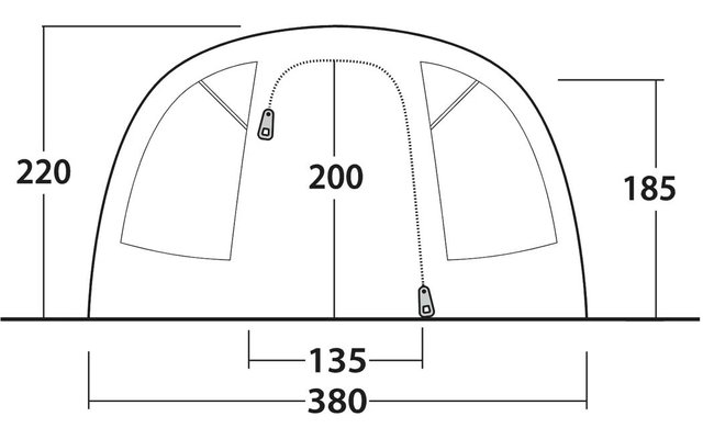 Zwart-witte technische tekening van een tentvoorkant met twee deurpanelen, twee ritssluiters, gebogen stokken en de cijfers 380, 135, 200, 220, 185