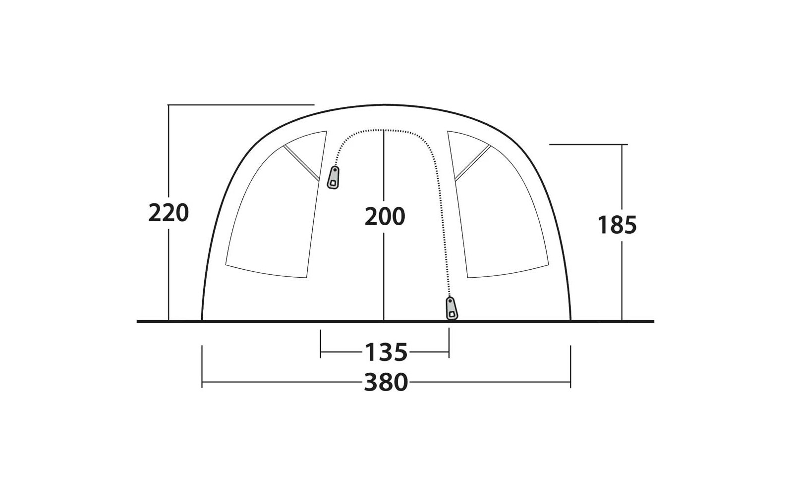 Zwart-witte technische tekening van een tentvoorkant met twee deurpanelen, twee ritssluiters, gebogen stokken en de cijfers 380, 135, 200, 220, 185