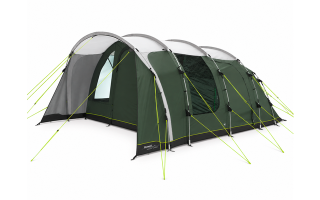 Groen tunneltent met drie gebogen stokken, lichtgrijs dak, zijraam, open ingang, meerdere neongele scheerlijnen en zwarte onderrand op witte achtergrond