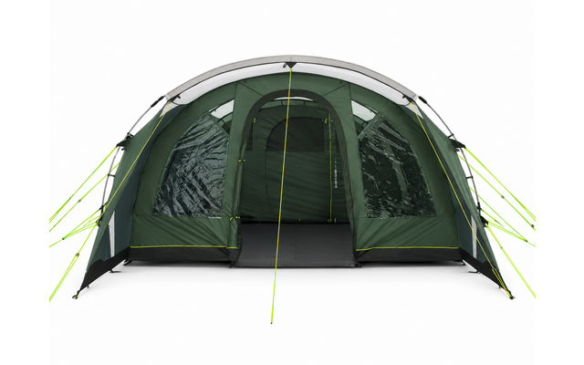Groen tent van voren, centrale open deur, twee doorzichtige zijpanelen, neongele scheerlijnen, zwarte vloer