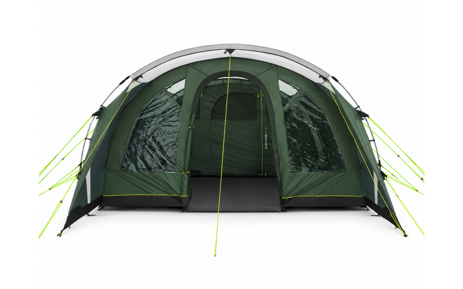 Groen tent van voren, centrale open deur, twee doorzichtige zijpanelen, neongele scheerlijnen, zwarte vloer