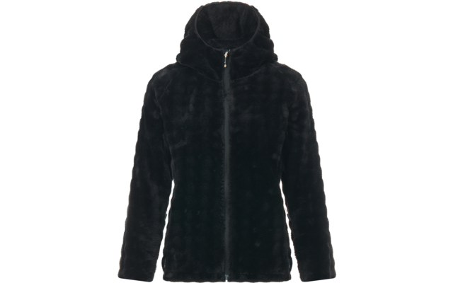 Chaqueta negra con capucha de tejido peluche y cremallera, vista frontal sobre fondo blanco