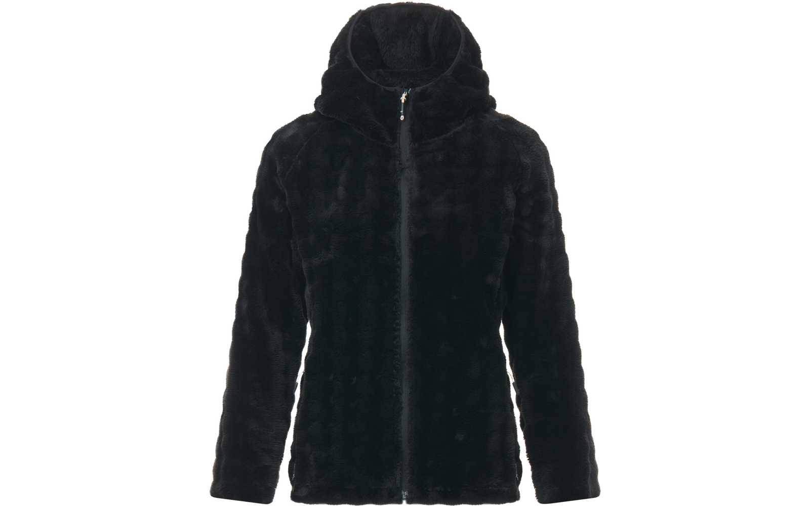 Chaqueta negra con capucha de tejido peluche y cremallera, vista frontal sobre fondo blanco