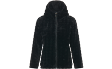 Chaqueta negra con capucha de tejido peluche y cremallera, vista frontal sobre fondo blanco