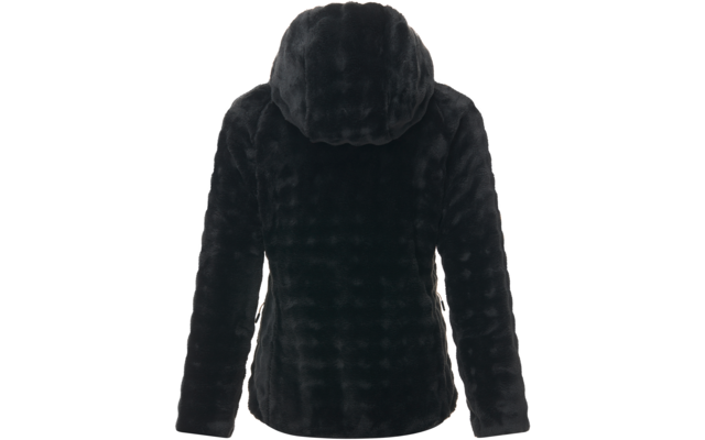 Chaqueta negra con capucha vista por detrás, textura peluda, mangas largas, cremalleras laterales visibles