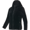 Chaqueta negra con cremallera, cuello alto, mangas largas y dos bolsillos laterales con cremallera sobre fondo blanco