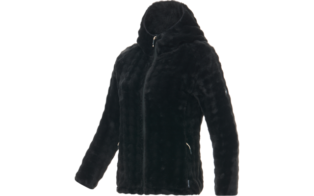 Chaqueta negra con cremallera, cuello alto, mangas largas y dos bolsillos laterales con cremallera sobre fondo blanco