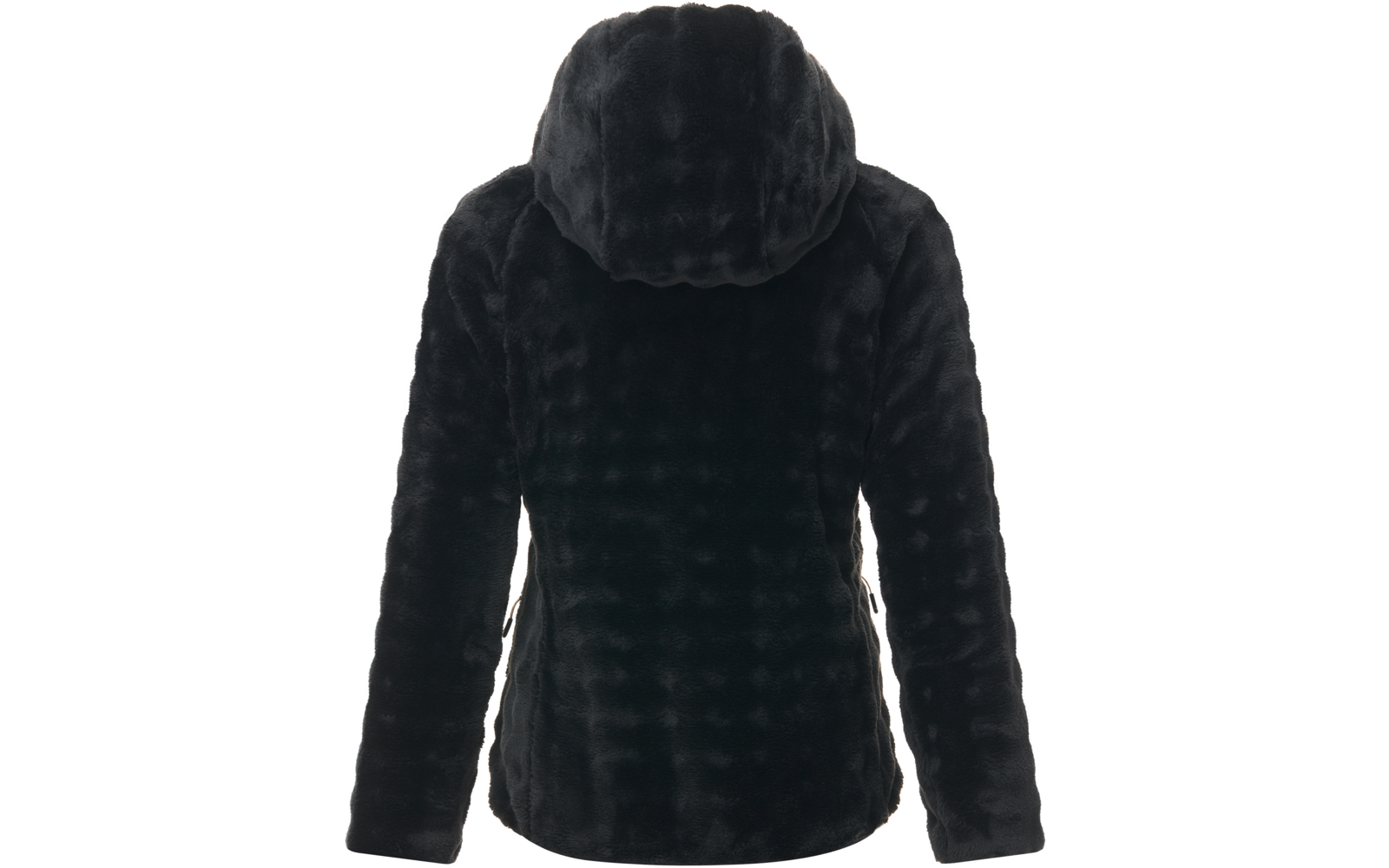 Chaqueta negra con capucha vista por detrás, textura peluda, mangas largas, cremalleras laterales visibles