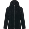 Chaqueta negra con capucha de tejido peluche y cremallera, vista frontal sobre fondo blanco