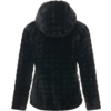 Chaqueta negra con capucha vista por detrás, textura peluda, mangas largas, cremalleras laterales visibles