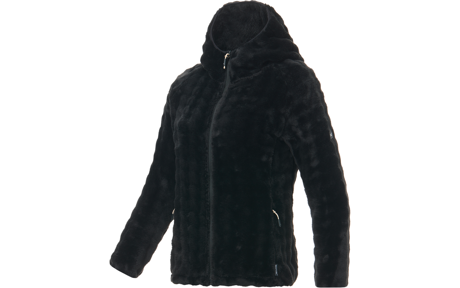 Chaqueta negra con cremallera, cuello alto, mangas largas y dos bolsillos laterales con cremallera sobre fondo blanco