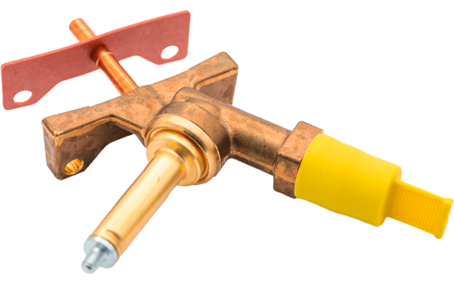 Pièce métallique en laiton avec tige cylindrique, plaque de montage rectangulaire et capuchon plastique jaune