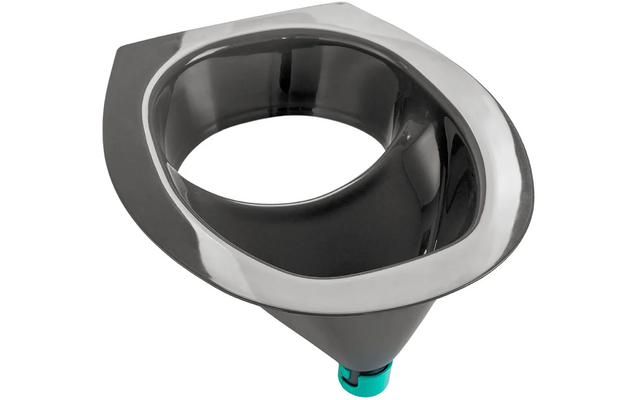 Entonnoir noir avec bord argenté, bec conique à embout vert et poignée plate
