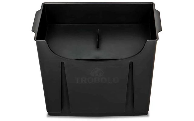 Récipient rectangulaire en plastique noir avec découpe incurvée à l'avant, cloison verticale centrale et inscription embossée TROBOLO sur le devant