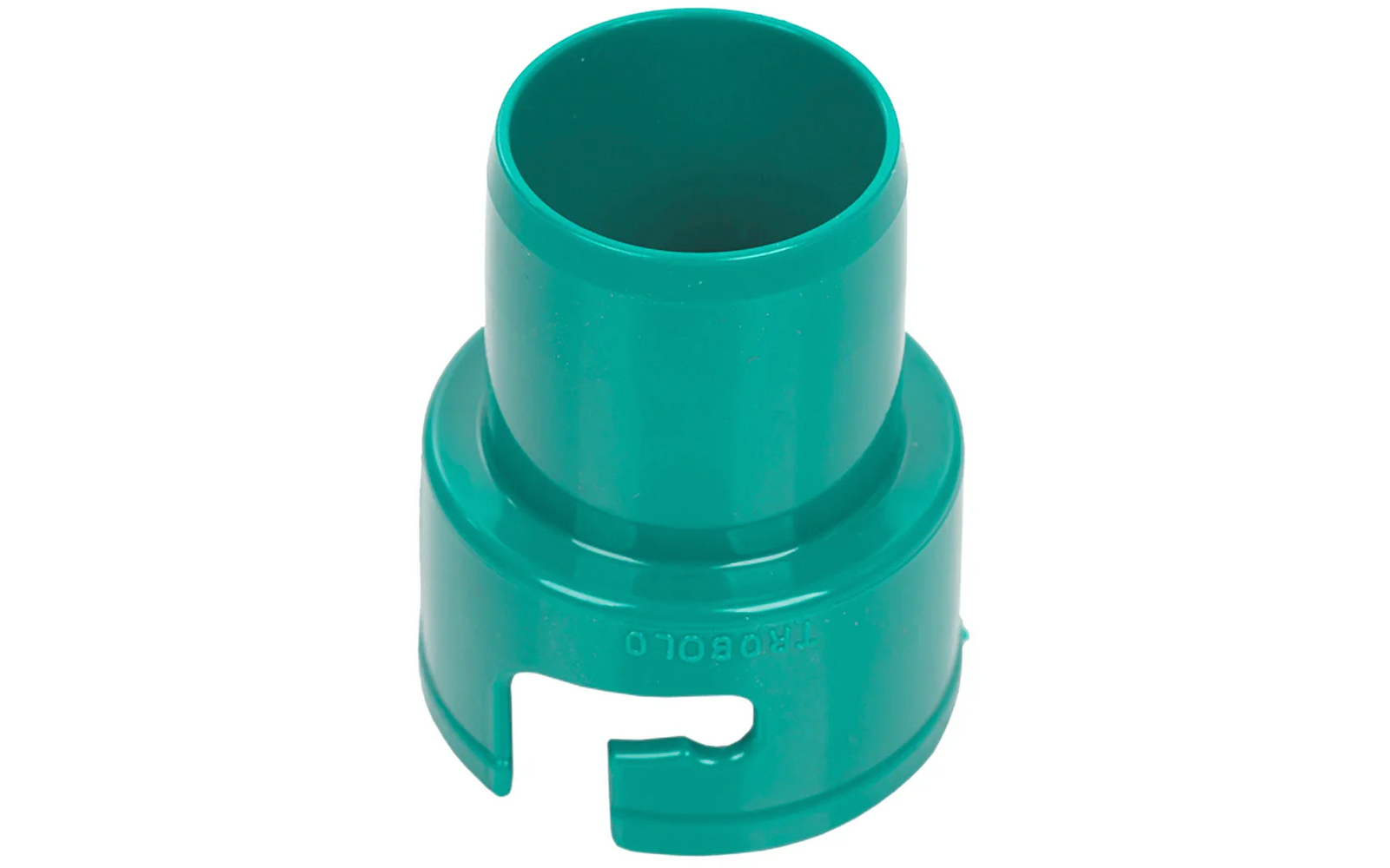 Pièce cylindrique en plastique verte avec ouverture ronde en haut, une découpe latérale et texte en relief