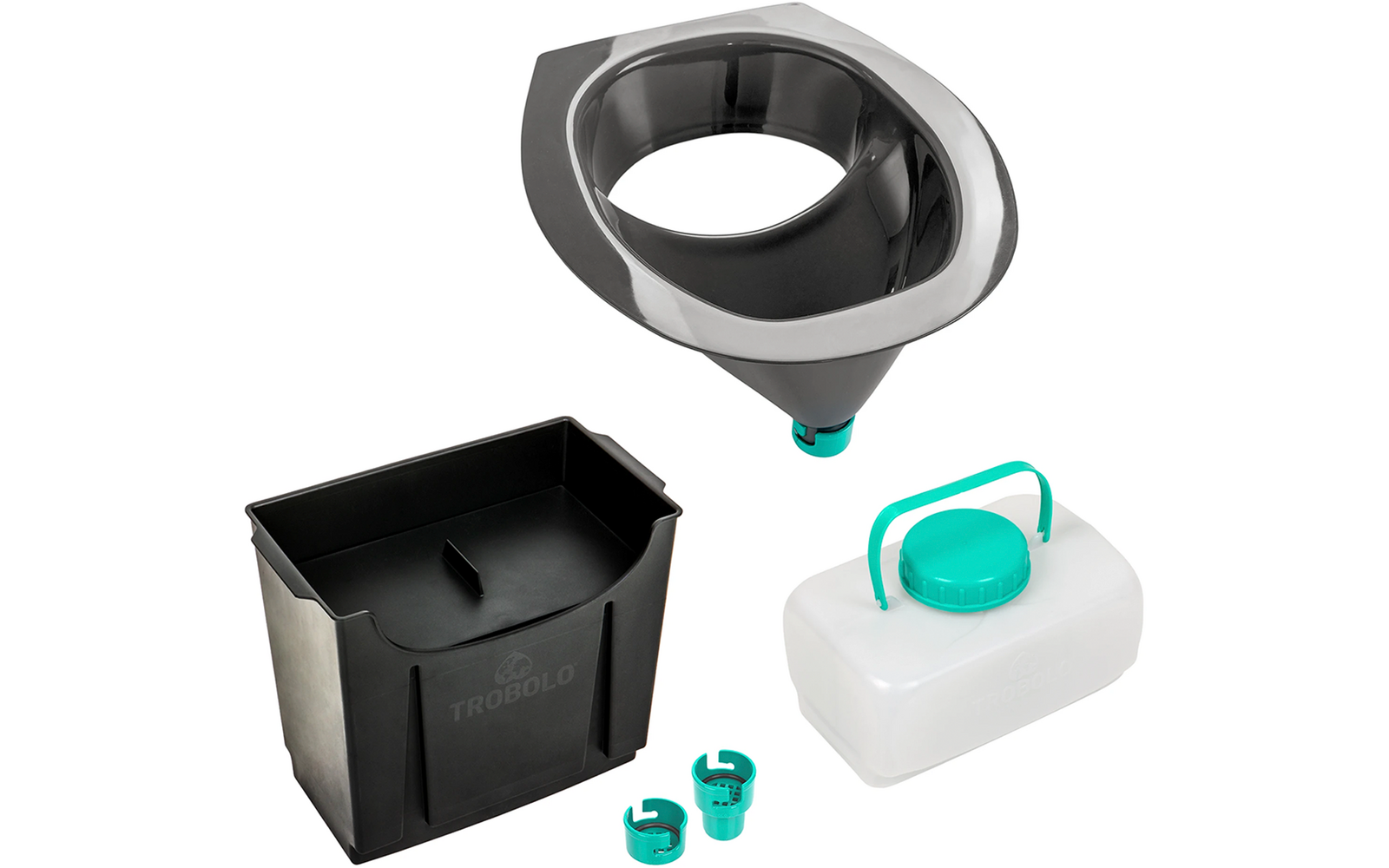 Entonnoir noir avec bord argenté, conteneur rectangulaire noir, bidon plastique blanc avec bouchon à vis turquoise et poignée, deux petits clips turquoise