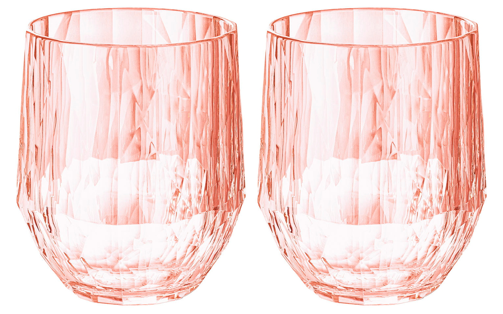 Zwei transparente, pinkfarbene Gläser mit facettiertem Muster