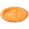 Rundes, orangefarbenes Kissen mit Sonne-Motiven und gepolstertem Rand
