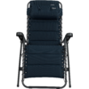 Donkerblauw gewatteerde opvouwbare stoel met apart nekkussen, armleuningen en zwart metalen frame