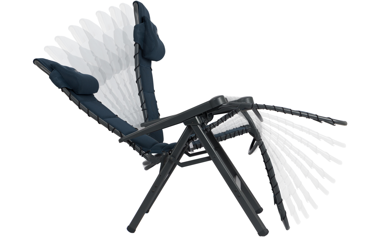 Donkerblau gewatteerde stoel op een zwart metalen frame; transparante overlays tonen verstelbare rug- en voetsteunposities