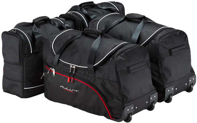 Trois sacs de voyage noirs à roulettes avec poignées supérieures et fermetures éclair ; un sac présente une bordure rouge