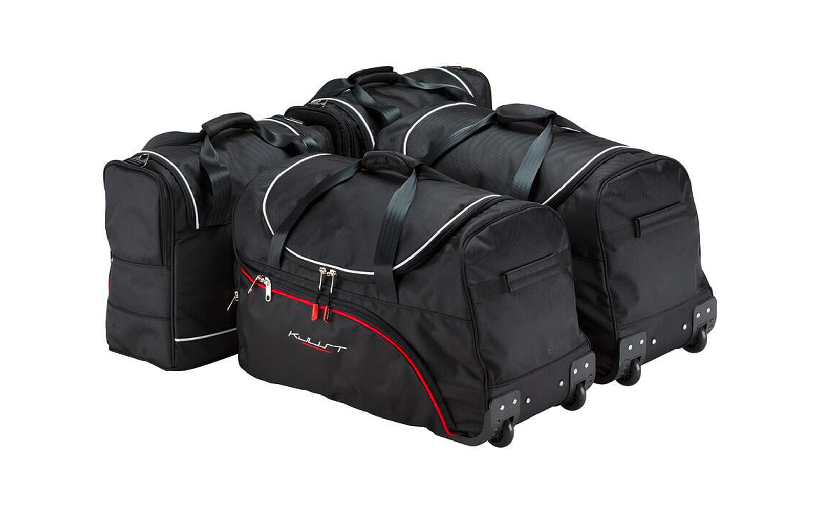 Trois sacs de voyage noirs à roulettes avec poignées supérieures et fermetures éclair ; un sac présente une bordure rouge