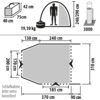 Technical drawing of a tent with dimensions and weight information, including a person and a gas cylinder icon