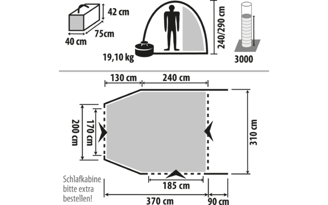 Technical drawing of a tent with dimensions and weight information, including a person and a gas cylinder icon