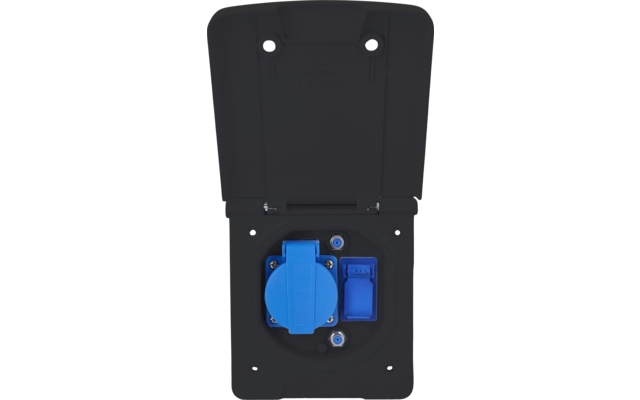 Offenes schwarzes Kunststoffgehäuse mit geöffneter Klappe, darin eine blaue runde Steckdose und ein kleiner blauer rechteckiger Anschluss