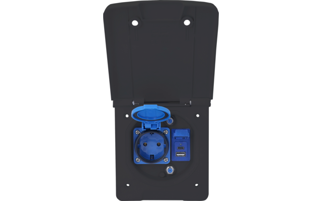 Schwarzes Gehäuse mit geöffnetem Deckel; darunter eine blaue runde Steckdose mit aufgeklapptem Schutzdeckel, zwei Kontaktöffnungen und Erdungskontakten; rechts ein blaues Modul mit zwei USB-Buchsen; sichtbare Schraube unten